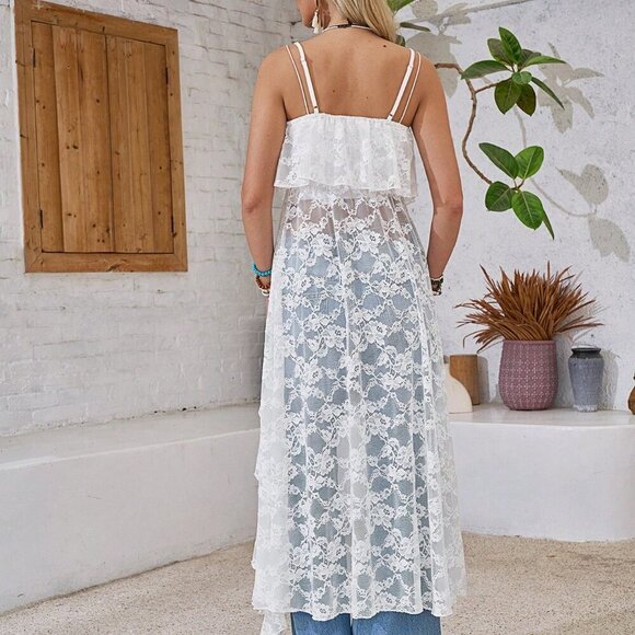 White Casual Women's Bohemian Lace Long Camisole Tank Top - Picture 2 of 6